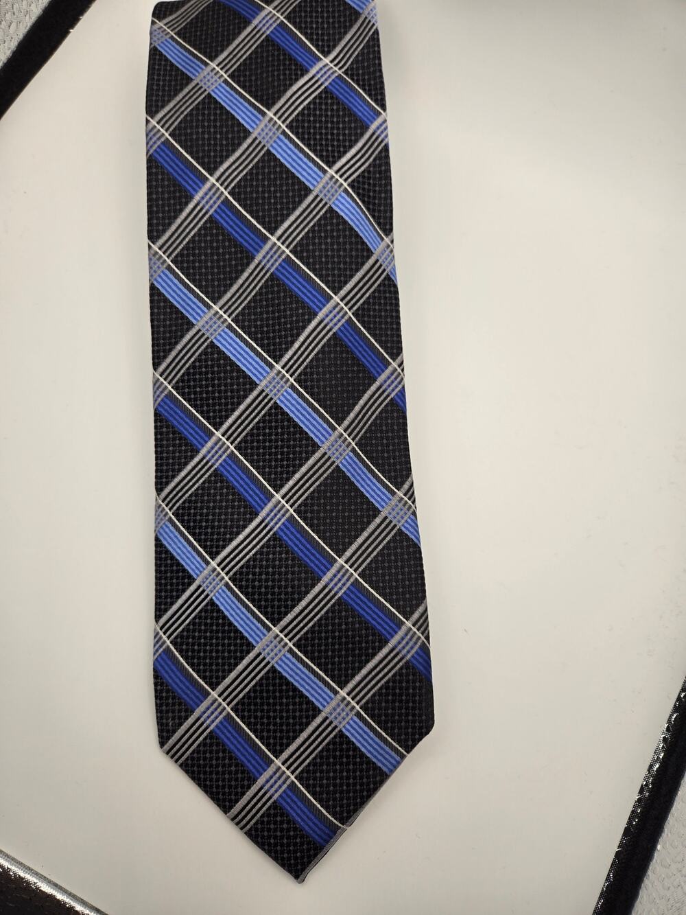Pronto Uomo 100% Silk Blue Gray Plaid Woven Necktie
